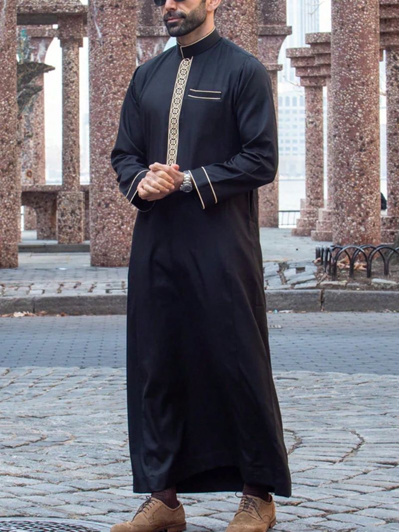 2025 Islamesch muslimesch Männer laangärmlech Mantel mat gesticktem Standkragen arabeschen Thobe fir Männer_voghion.com