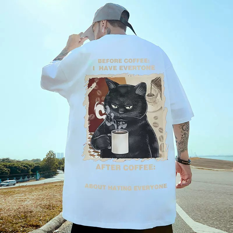 C&JChina-Chic Large Size Short Sleeve Men's New Loose Fat Oversize Summer 5/4 Sleeve Funny Cat Couple T-shirt_voghion.com