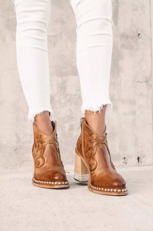 Damen Stiefeletten Kurze Röhren Cowboystiefel Spitz zulaufende Stiefel mit klobigem Absatz_voghion.com