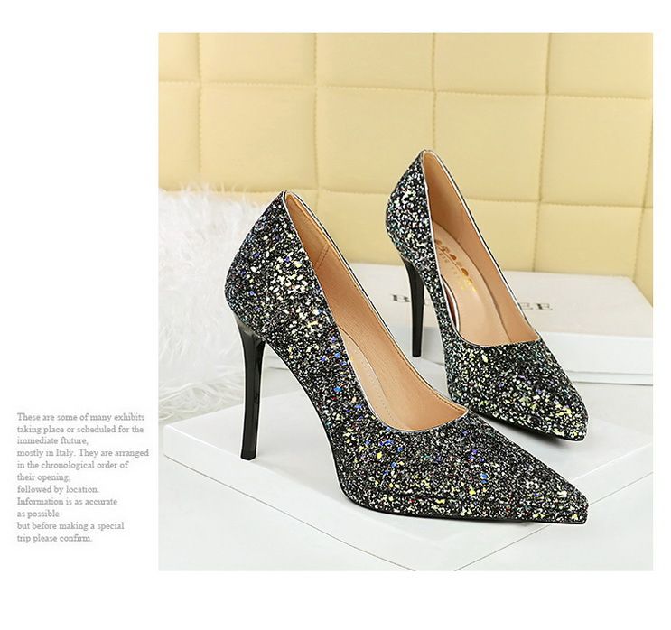 3255-15 Style Banquet Slim Super High Heels, plateforme imperméable, ouverture peu profonde, paillettes pointues, simple, pour femme_voghion.com