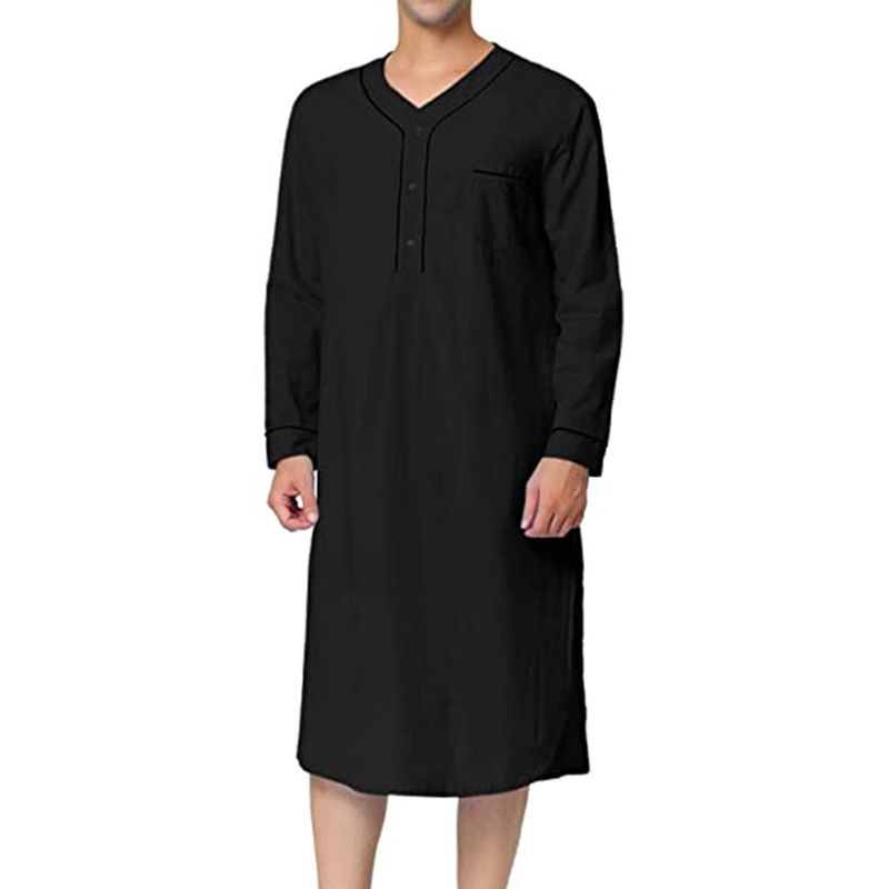 2025 Frühling Muslimischen Mittellangen Lose Feste Pyjamas männer Homewear Nachtwäsche Farbe Block_voghion.com