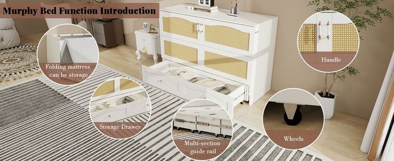 Wood Queen Cabinet Murpgy Bed With Storage Drawers For Guest Room,Hideaway Bed With White Rattan Design,Foldaway Bed Cabinet_voghion.com