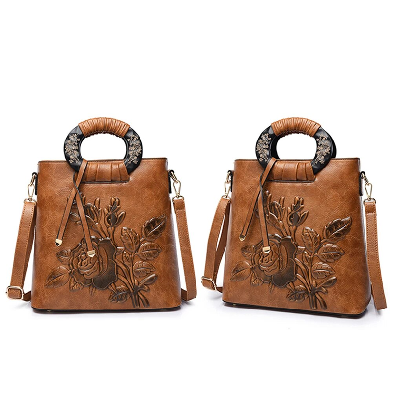 Borsa a mano con manico ad anello con stampa floreale cinese Borsa a tracolla da donna in ecopelle di grande capacità_voghion.com