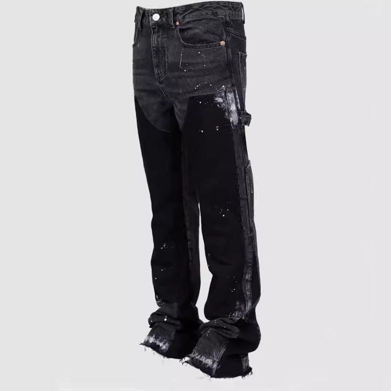 Calça de trabalho reta e moderna com tecido elástico, sobreposição de jeans, cores contrastantes e estilo retrô._voghion.com