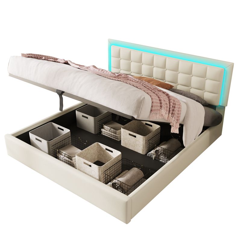 Lit double 140 x 200 cm avec sommier à lattes et rangements, avec bande lumineuse LED, cadre de lit rembourré en similicuir blanc._voghion.com