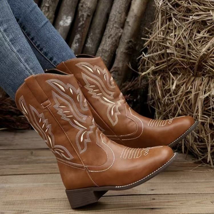 Neue winterbraune Vintage bestickte Western-Cowboystiefel mit klobigem Absatz und V-Ausschnitt_voghion.com