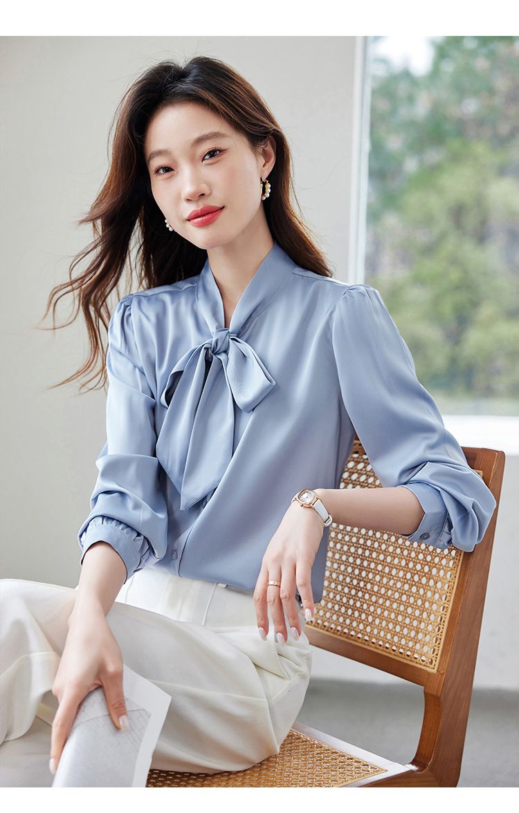 K New Bow Tie Design Women's Shirt; Minority Professional Style Satin Blouse With Sash_voghion.com