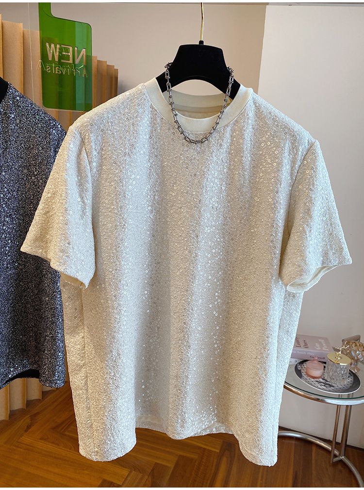 2024 New Loose European Style Sequin Shiny Silk T-Shirt Men's Short Sleeve Unique Chic Design Handsome Top_voghion.com