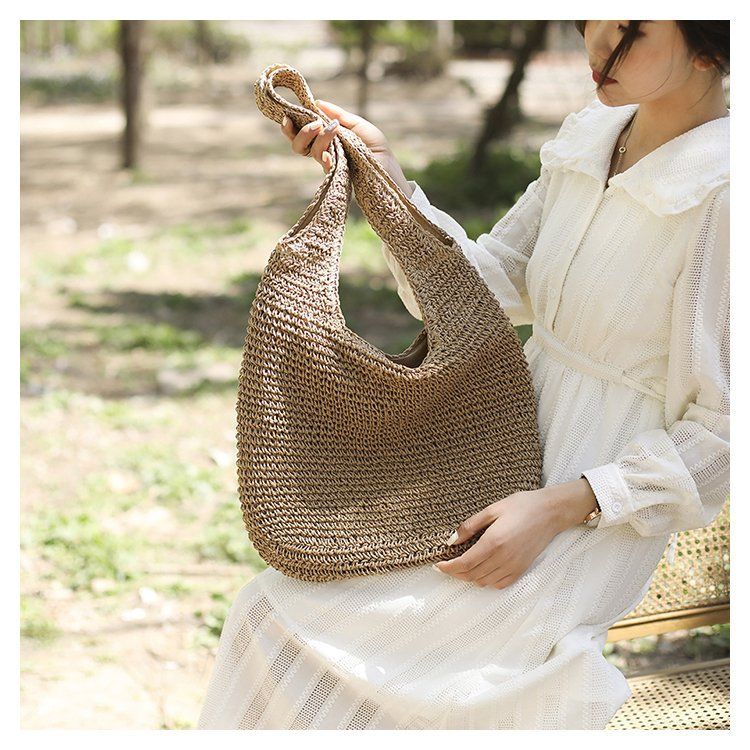 Borsa da spiaggia grande capienza casual intrecciata a mano con tracolla singola serie Grass Forest_voghion.com