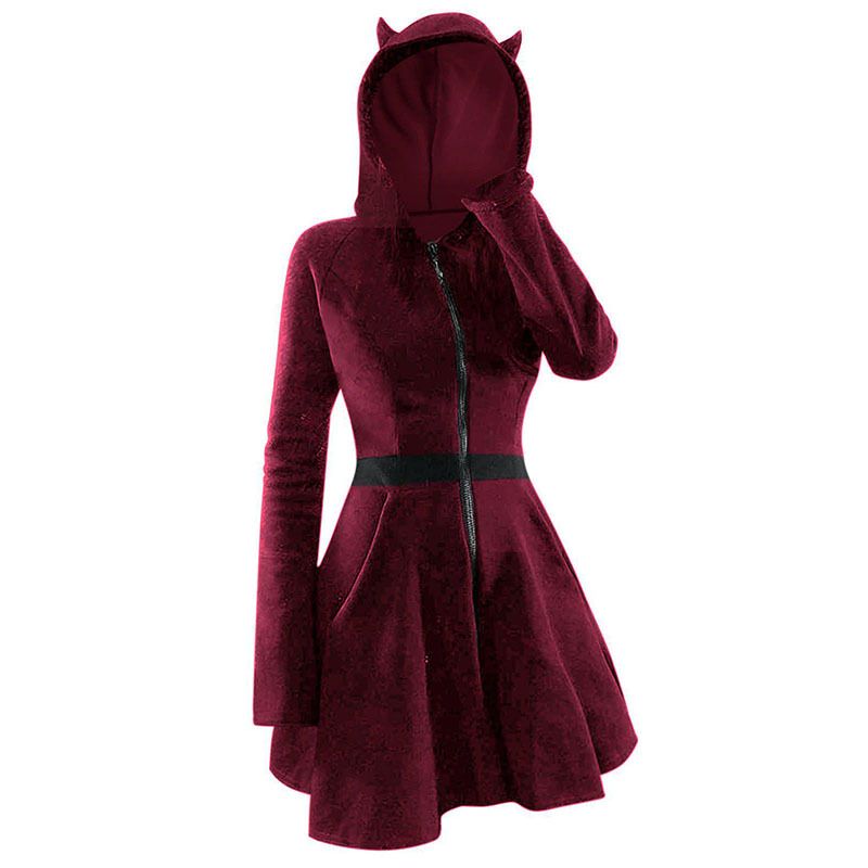 Abito slim da donna con orecchie di gatto in velluto dorato a maniche lunghe con cappuccio in stile gotico, abito da donna taglie forti_voghion.com