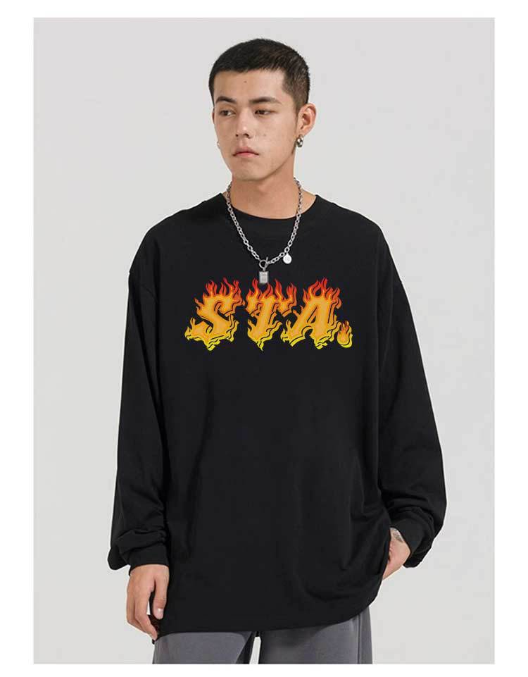 T-shirt a maniche lunghe del marchio di moda nazionale con design a fiamma STA da uomo per uomo e donna, coppia top in puro cotone pesante con scollo tondo_voghion.com