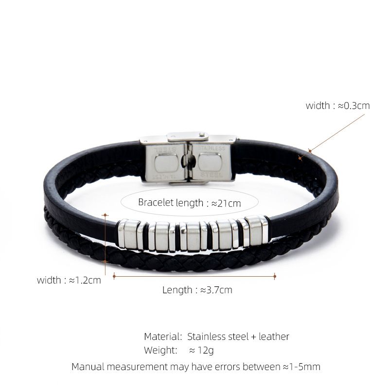 Bracciale intrecciato multistrato personalizzato da uomo in acciaio inossidabile con etichetta curva, cinturino in pelle_voghion.com