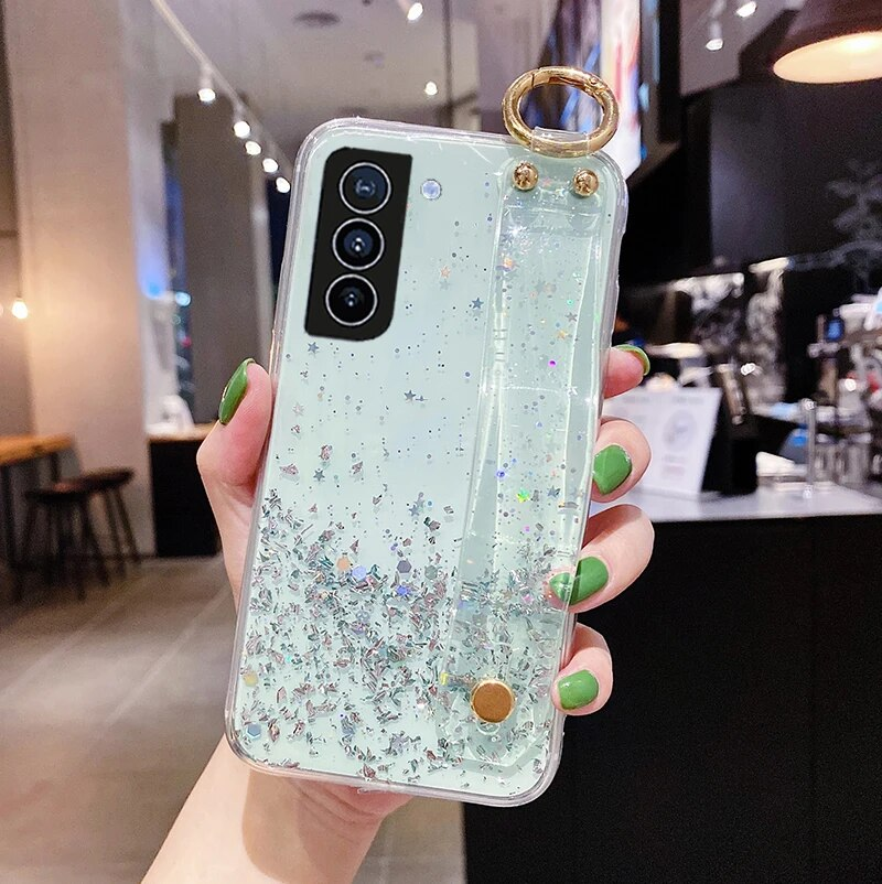 Bling Glitter Polsband Standhouder Case Voor Samsung S24 Ultra S23 S22 Plus S21 S20 FE A14 A54 a53 A23 A52 Soft Clear_voghion.com