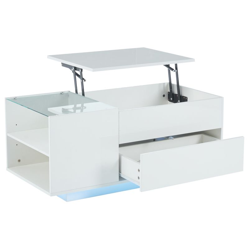 Table basse réglable en hauteur 95 x 48 x 42 cm avec rangement dissimulé, éclairage LED, tiroir et prise – Table d'appoint de salon blanche_voghion.com