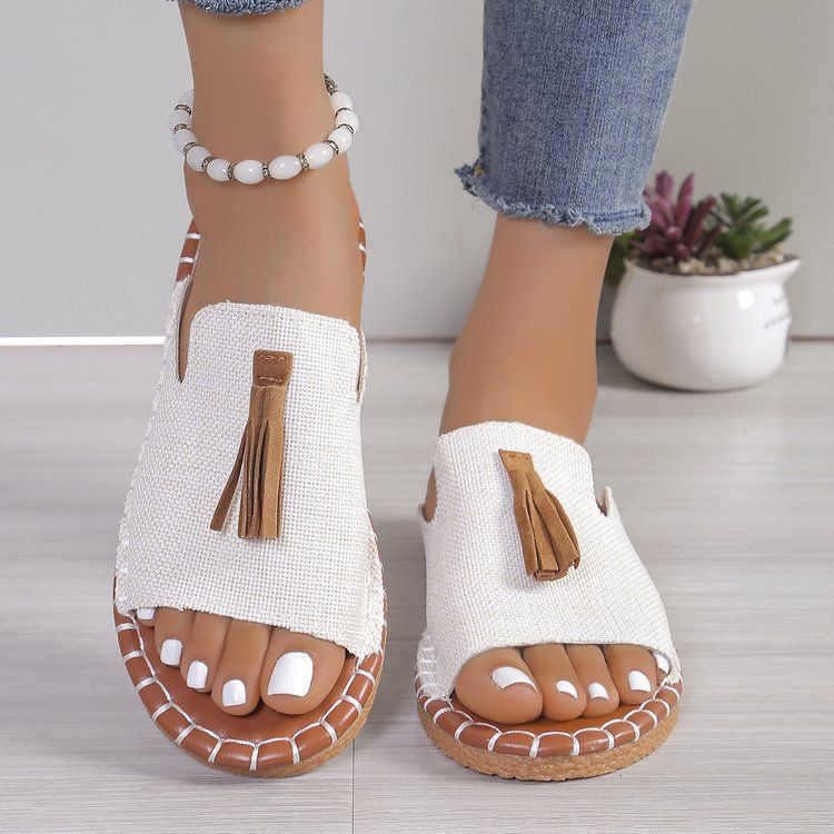 Women's Shoes Large Size Tassel Flat Bottomed One Strap Slippers Summer Outing Beach Women's Shoes_voghion.com