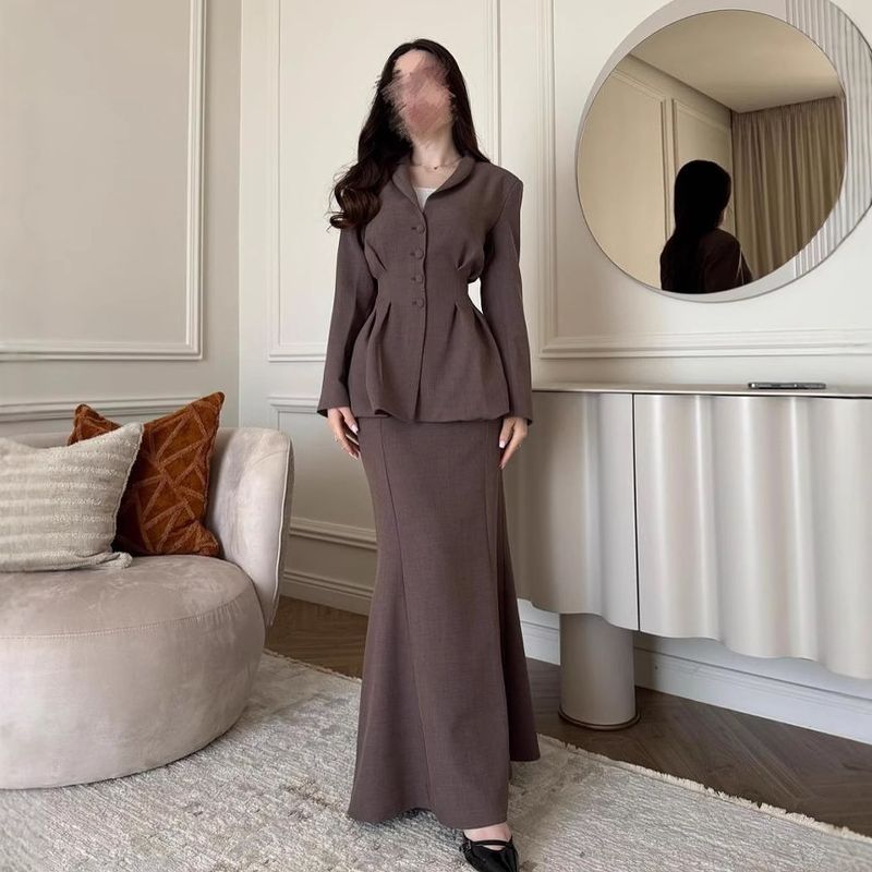 Elegante completo con gonna a coda di pesce su misura da donna - Elegante abito da ufficio a vita alta con camicetta, comodo poliestere, abbigliamento da lavoro autunnale_voghion.com