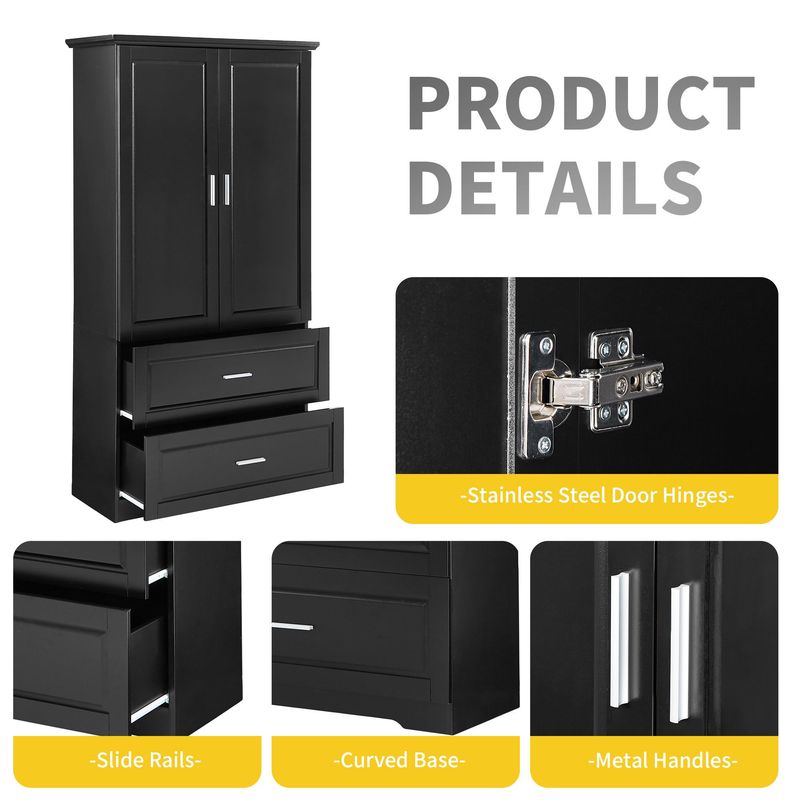Tall Bathroom Storage Cabinet, Cabinet With Two Doors And Drawers, Adjustable Shelf, MDF Board_voghion.com