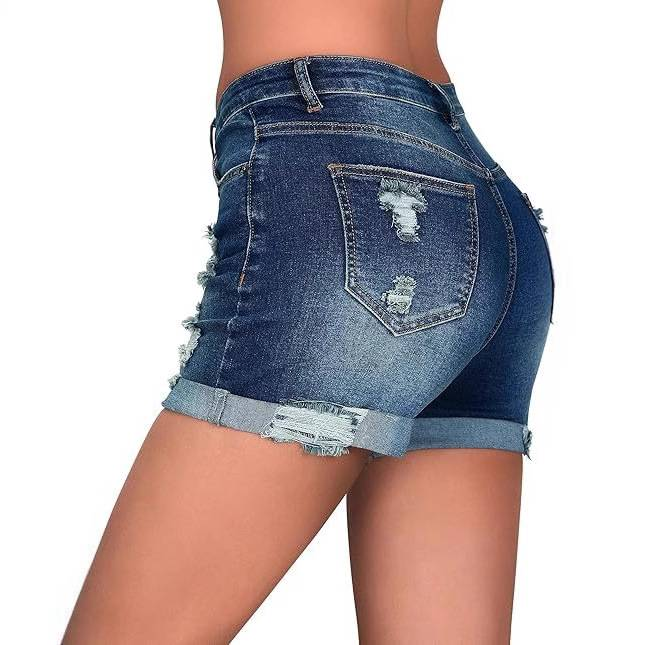 Abbigliamento estivo da donna, nuovi pantaloncini in denim elasticizzati con orlo strappato e vita media_voghion.com
