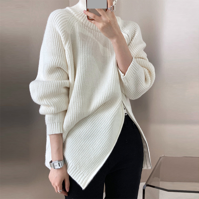 Damenbekleidung: Gemütlicher, übergroßer Pullovermantel mit Reißverschluss und hohem Kragen für Damen – Doppelreißverschluss, lockere Passform, grob gestrickt (Grau, Beige, Schwarz, Khaki)_voghion.com