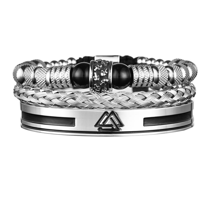 Ensemble de bracelets Viking Warrior pour homme - Bijoux manchette en acier inoxydable avec casque nordique et runes - Collection de bracelets Punk Armor (ensemble de 3 pièces) Casque de guerrier romain_voghion.com