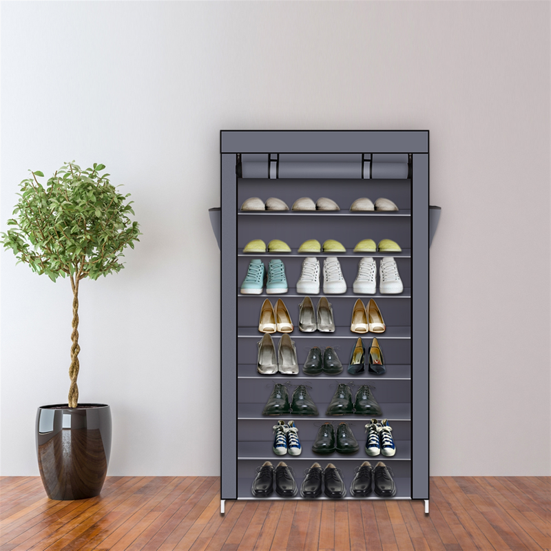 Étagère à chaussures à 10 niveaux avec housse anti-poussière, armoire de rangement pour chaussures, gris, 160 x 30 x 88 cm_voghion.com