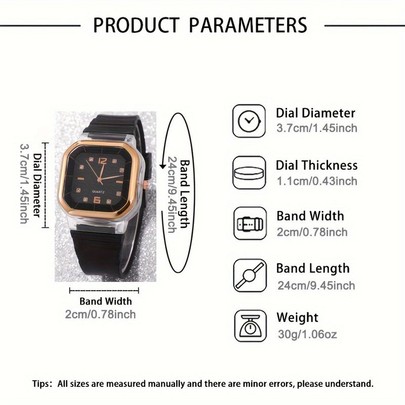 7pcs/set -Fashion Silicone Square Watch Large Dial Women's Quartz Watch Set - Square Dial, Simple Silicone Strap, Zinc Alloy Case_voghion.com