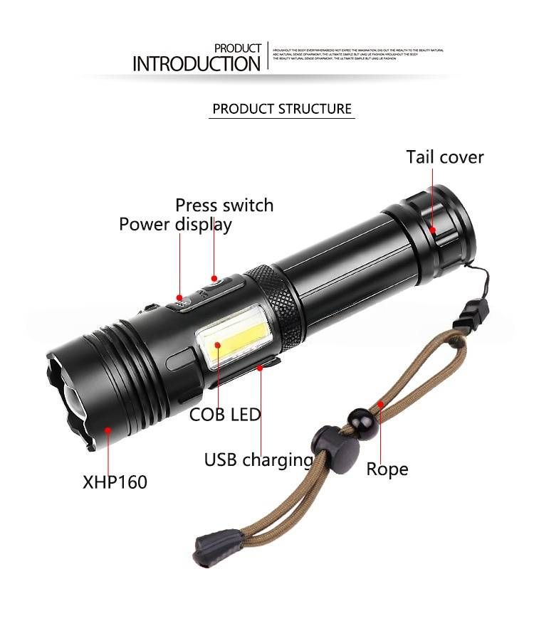 XHP70 & COB Dual-Light Zoomable Flashlight - Rechargeable High-Power LED Torch For Outdoor Adventures, Camping, Hiking & Emergency Use_voghion.com