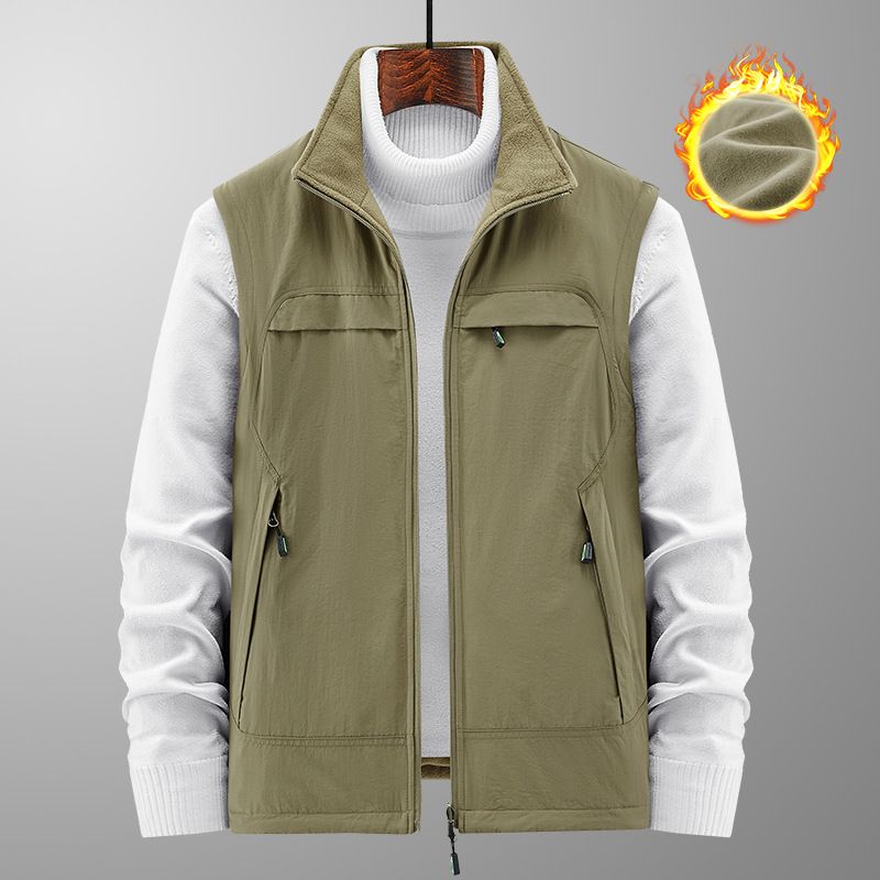 Colete masculino reversível com gola alta, jaqueta sem mangas forrada com lã, peça ideal para usar em camadas em atividades esportivas ao ar livre, com vários bolsos._voghion.com