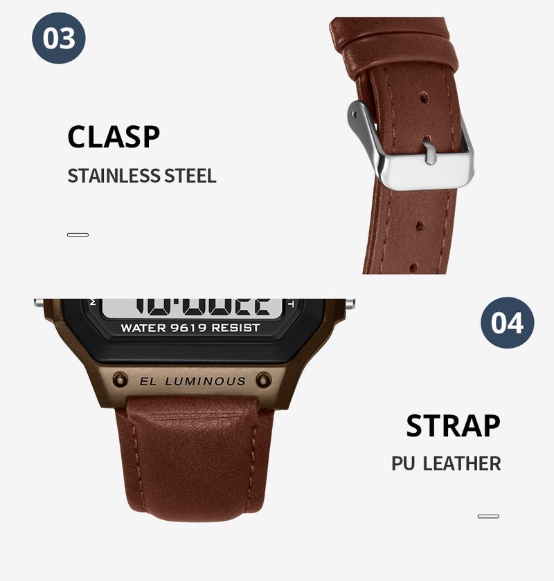 Retro Classic Square Digital Watch For Men With Leather Strap, Waterproof, Multifunction, Luminous Display, 30M Water Resistance Multi Function Square_voghion.com