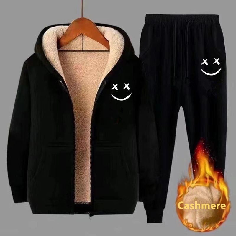 Traje deportivo informal de invierno para hombre, de lana de cordero, cárdigan, sudadera cálida con capucha y pantalones con lazo en las piernas, talla 12_voghion.com