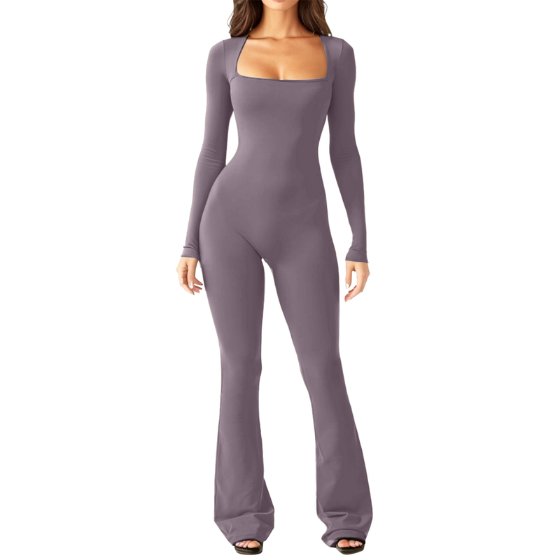Women's long-sleeved tummy-controlling waist-raising hip-raising square-neck wide-leg high-elastic jumpsuit_voghion.com