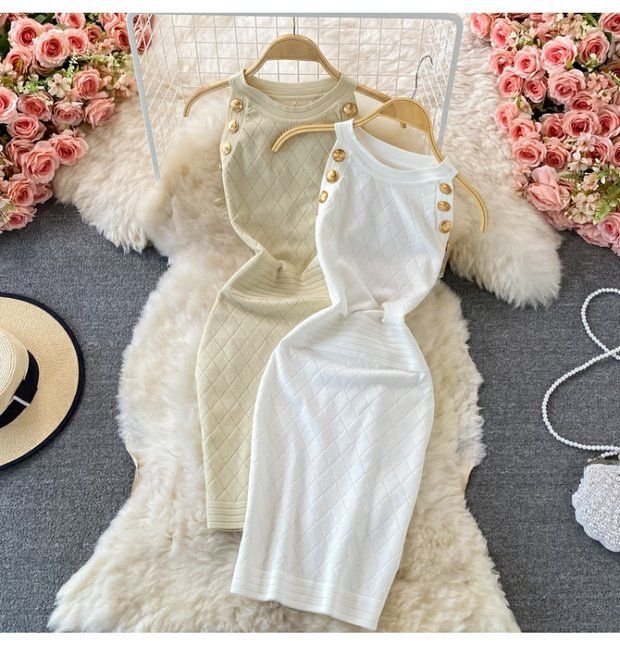 Damen Rundhals Ärmelloses Strick Neckholder Off-Shoulder Kleid Sexy Hüftbetontes Kurzrockkleid_voghion.com