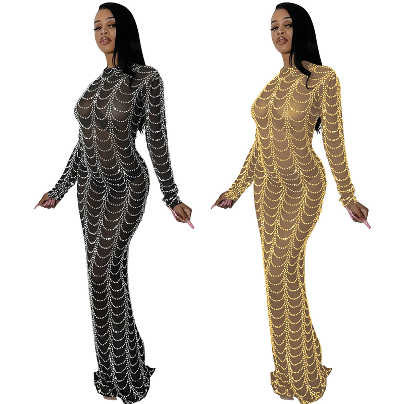 Nuovo nightclub sexy alla moda femminile che vende abito trasparente a maniche lunghe in maglia di diamanti_voghion.com