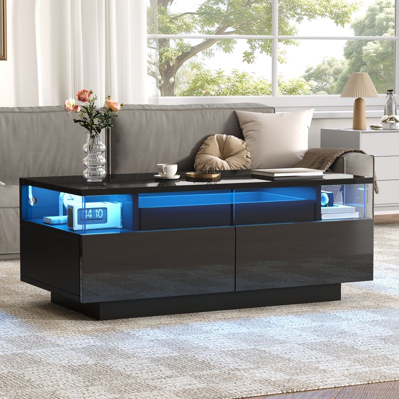 Table basse noire brillante 90 x 45 x 35,5 cm avec éclairage LED, table d'appoint en verre trempé avec 2 tiroirs et plateau pour salon_voghion.com
