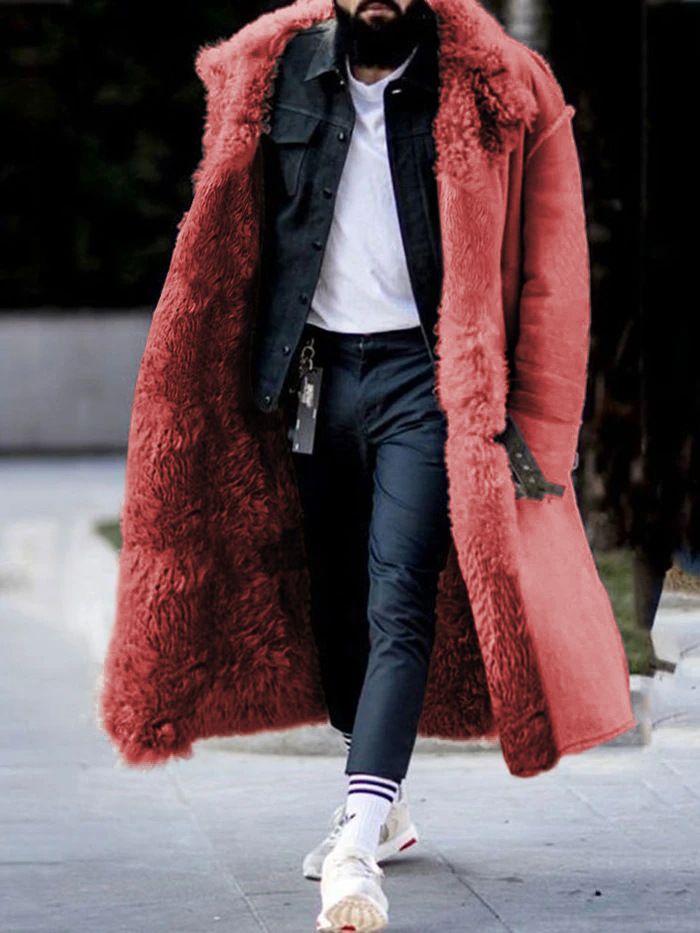 Men's Clothing Men's Long Suede Leather Faux Shearling Coat - Winter Warm Fleece Lined Jacket With Multiple Pockets (Red, Black, Blue, Camel)_voghion.com