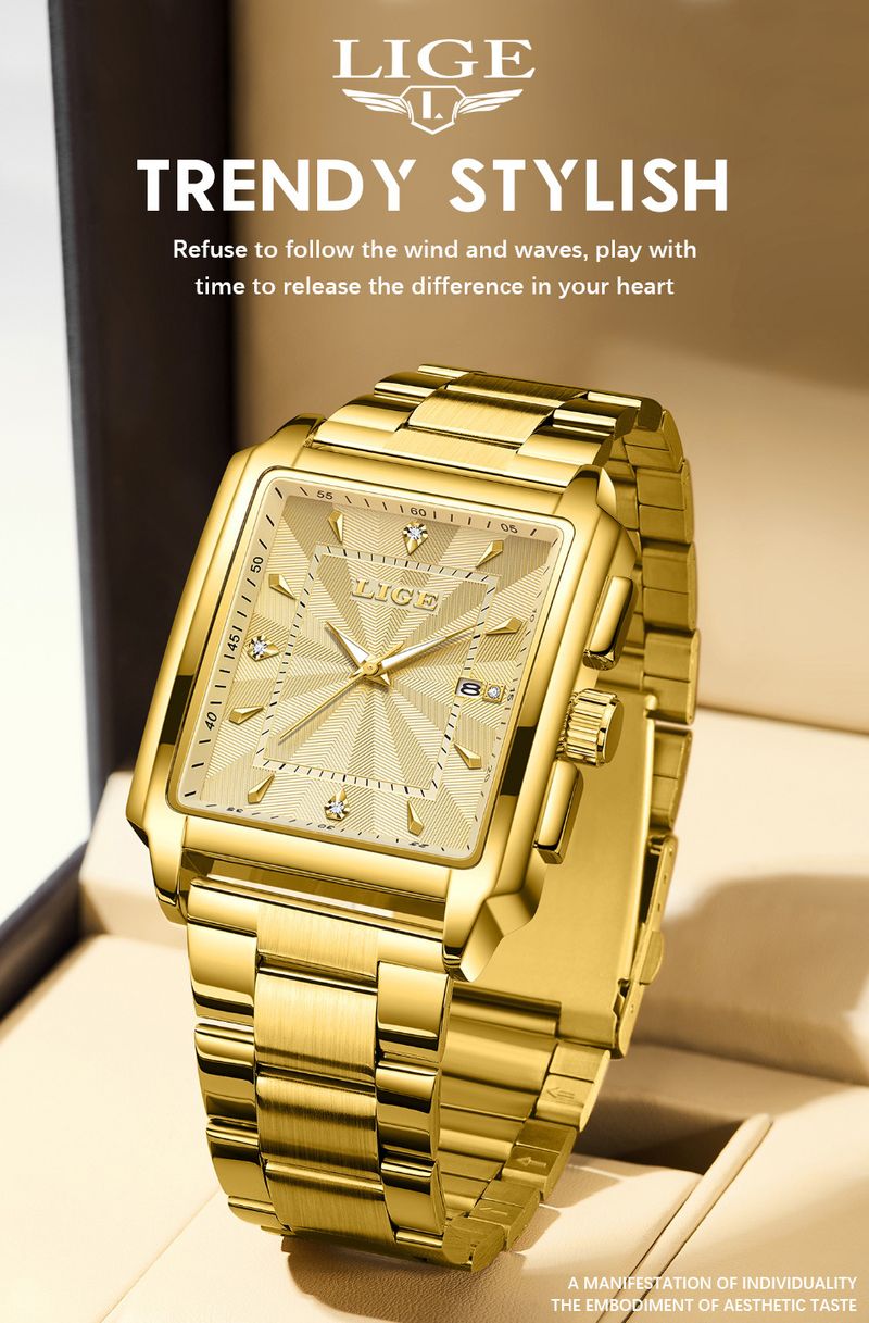 Men's Business Quartz Watch With Date Display, Water Resistant Stainless Steel Band, Square Mineral Glass Steel Belt Quartz Watch Men's Watch_voghion.com
