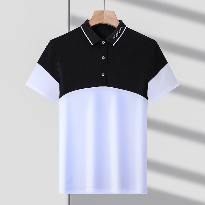 Tricou de vară pentru bărbați, cu mânecă scurtă, cu guler larg, de lux, cu blocare a culorilor, tip polo, casual, cu micro elasticitate_voghion.com