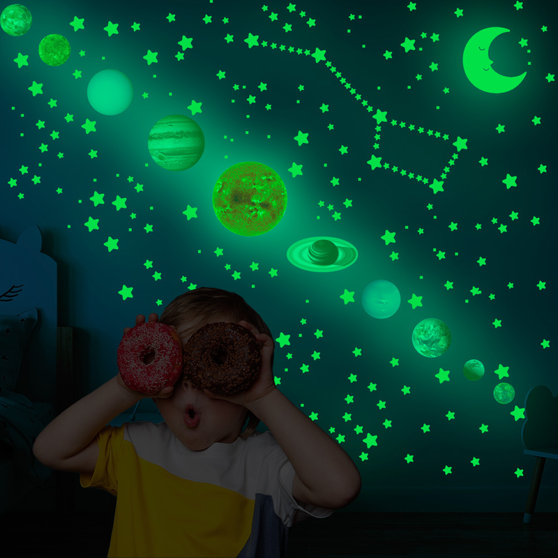 Caja colorida luz nocturna sistema solar nueve planetas principales, estrellas, meteoritos, pegatinas de luz nocturna, habitación infantil_voghion.com