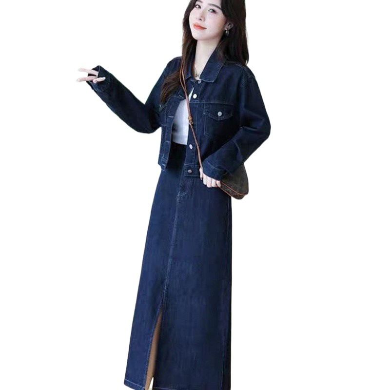 Denim Suit For Women 2024 Autumn New Style Petite Trendy Matching With Half Skirt Two-Piece Set_voghion.com