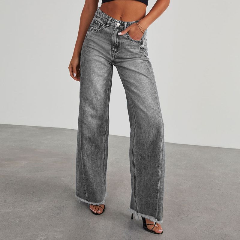 Jeans a gamba dritta e rilassati da donna - Pantaloni a gamba larga a vita alta con lavaggio classico per abbigliamento casual e da ufficio_voghion.com