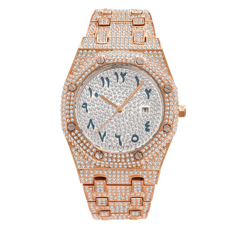 Orologio da uomo di lusso con diamanti bling, orologio al quarzo impermeabile per uomo, orologio da polso con calendario hip-hop_voghion.com
