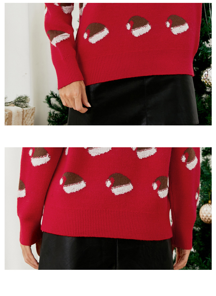 Weihnachtspullover für Damen, Jacquard, Weihnachtsmannmütze, süßer Strickpullover mit langen Ärmeln_voghion.com