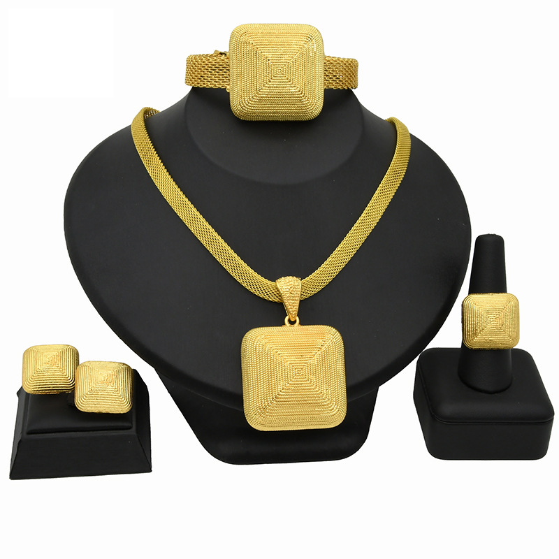 Gold Plated Jewelry Set Bride Necklace Earrings Ring Bracelet Sand Gold Accessories_voghion.com