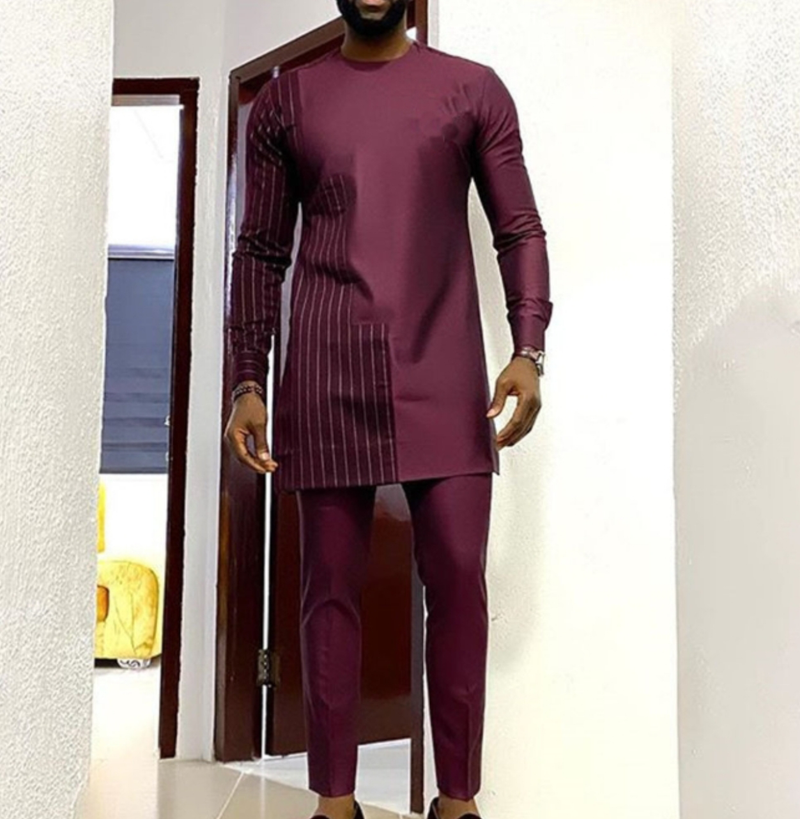 Herrenbekleidung Dunkelroter Robe-Hemd-Hosen-Anzug mit Rundhalsausschnitt im Ethno-Stil_voghion.com