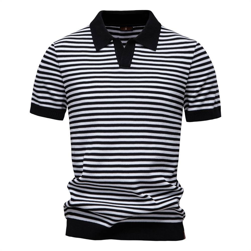 Polo da uomo estivo a maniche corte in maglia con colletto a gabbiano a righe, in lana intrecciata, alla moda, casual, tendenza, top da uomo_voghion.com