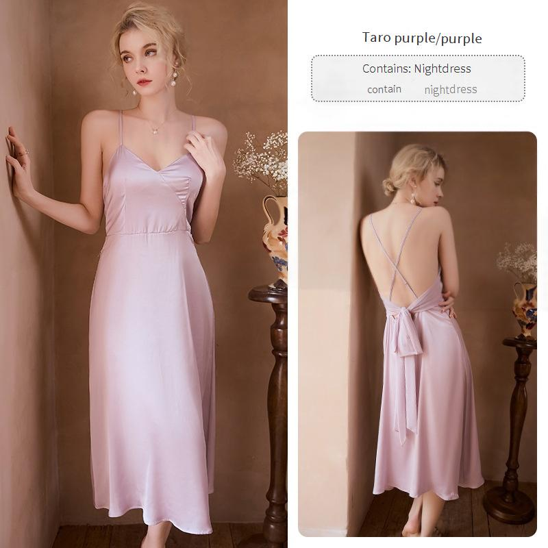 Sexy Nachtwäsche Bequemer, einfacher Pyjama aus Eisseide, Sling-Nachthemd mit Schnürung, äußere Robe, weiblicher Heimkleidungsanzug_voghion.com