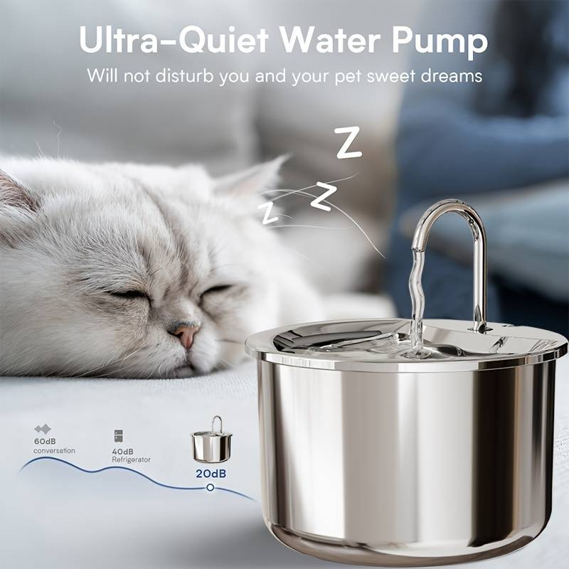 Fontaine à eau automatique pour animaux de compagnie en acier inoxydable | Distributeur d'eau silencieux pour chats et chiens, alimenté par USB, avec bassin anti-éclaboussures, grande capacité de 2,5 L_voghion.com