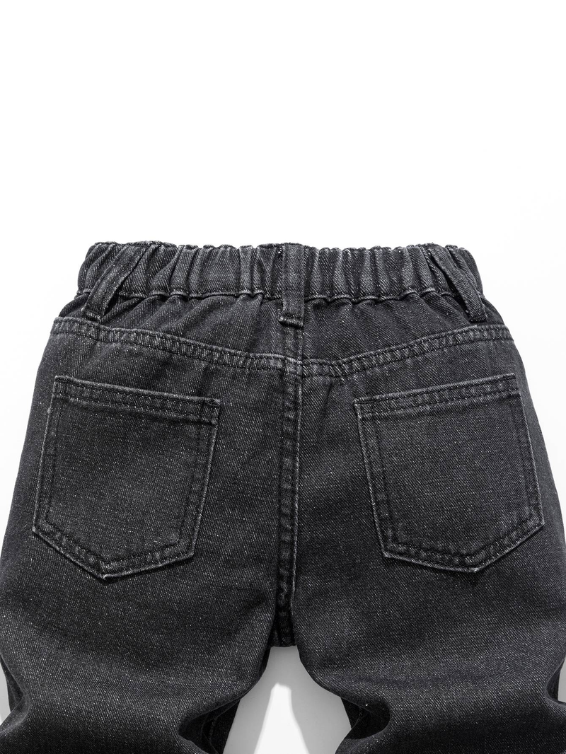 Vaqueros con oso bordado para niño - Pantalones vaqueros negros vintage | Corte holgado con patchwork (3-8 años)_voghion.com