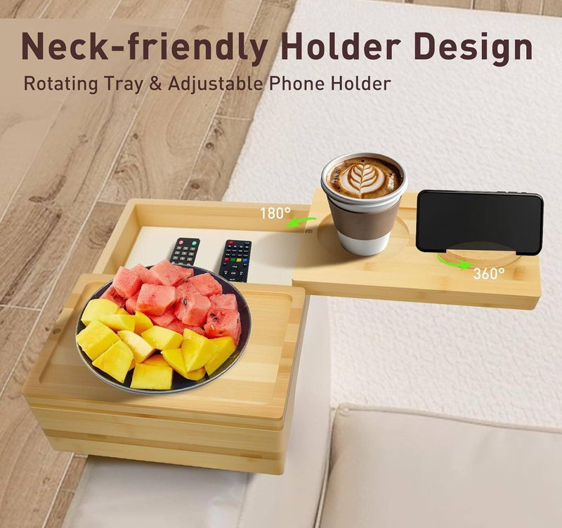Wooden Armrest Double Layer Rotatable Sofa Lazy Phone Holder With Storage Compartment Tray_voghion.com