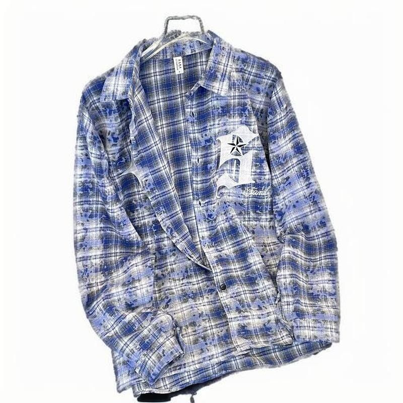 Erkekler İçin Vintage Yıkamalı Büyük Boy Grunge Flanel Desenli Tie-Dye Kareli Gömlek_voghion.com